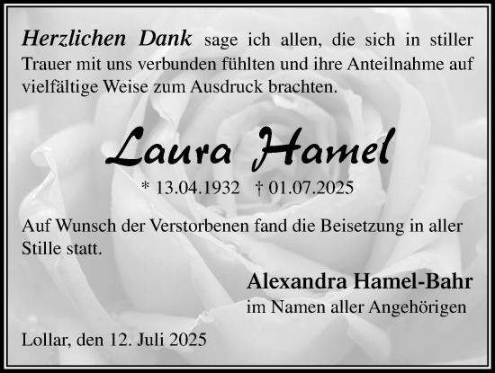 Traueranzeige von Laura Hamel von Giessener Allgemeine, Alsfelder Allgemeine, Giessener Anzeiger