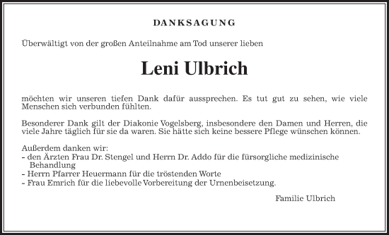 Traueranzeige von Leni Ulbrich von Kreis-Anzeiger
