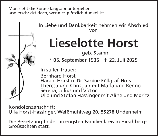 Traueranzeige von Lieselotte Horst von Giessener Allgemeine, Alsfelder Allgemeine