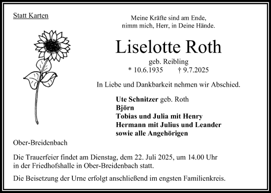 Traueranzeige von Liselotte Roth von Oberhessische Zeitung