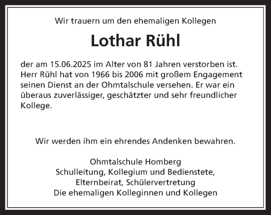 Traueranzeige von Lothar Rühl von Oberhessische Zeitung, Alsfelder Allgemeine