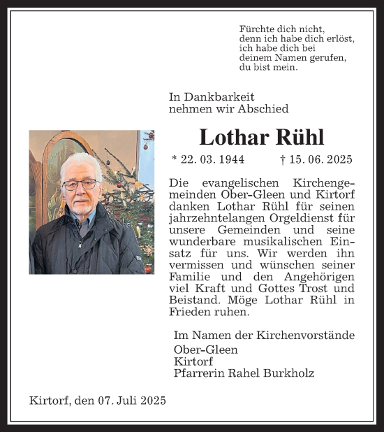 Traueranzeige von Lothar Rühl von Oberhessische Zeitung