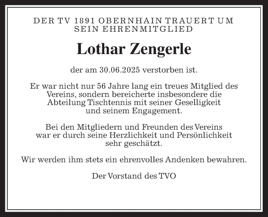 Traueranzeige von Lothar Zengerle von Usinger Anzeiger