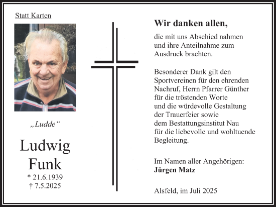 Traueranzeige von Ludwig Funk von Oberhessische Zeitung
