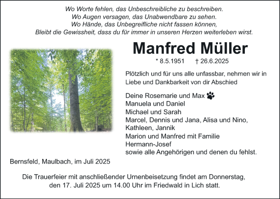 Traueranzeige von Manfred Müller von Giessener Allgemeine, Alsfelder Allgemeine, Oberhessische Zeitung