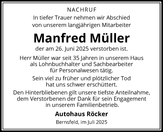 Traueranzeige von Manfred Müller von Giessener Allgemeine, Alsfelder Allgemeine, Oberhessische Zeitung