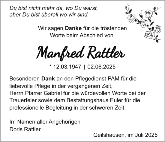 Traueranzeige von Manfred Rattler von Giessener Allgemeine, Alsfelder Allgemeine