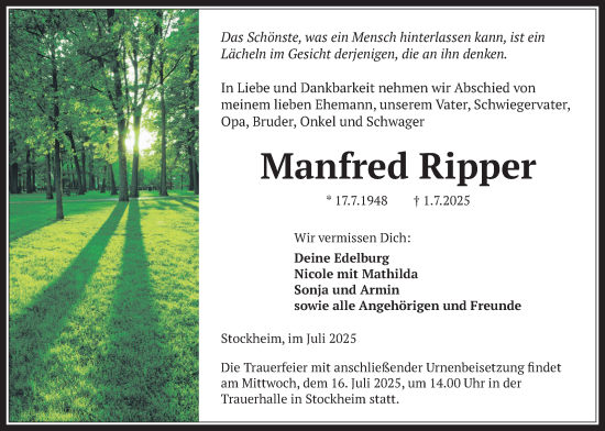 Traueranzeige von Manfred Ripper von Kreis-Anzeiger