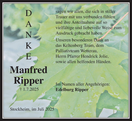 Traueranzeige von Manfred Ripper von Kreis-Anzeiger