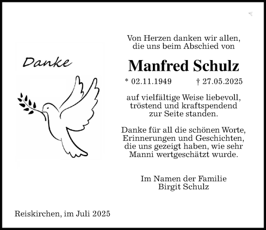 Traueranzeige von Manfred Schulz von Giessener Allgemeine, Alsfelder Allgemeine, Giessener Anzeiger