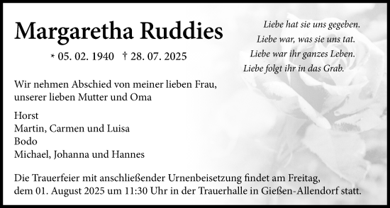 Traueranzeige von Margaretha Ruddies von Giessener Allgemeine, Alsfelder Allgemeine