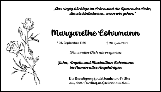 Traueranzeige von Margarethe Lohrmann von Lauterbacher Anzeiger