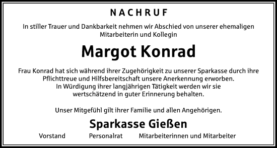 Traueranzeige von Margot Konrad von Giessener Anzeiger, Giessener Allgemeine, Alsfelder Allgemeine