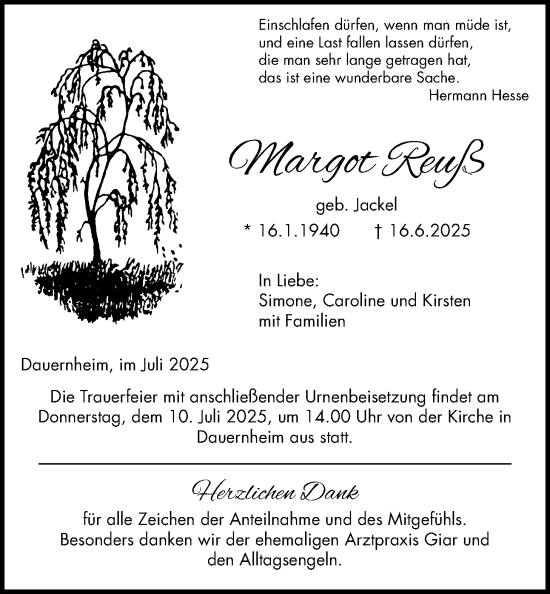 Traueranzeige von Margot Reuß von Kreis-Anzeiger