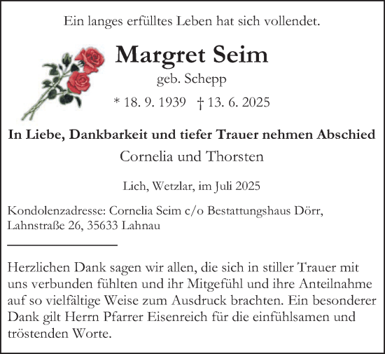 Traueranzeige von Margret Seim von Licher Wochenblatt