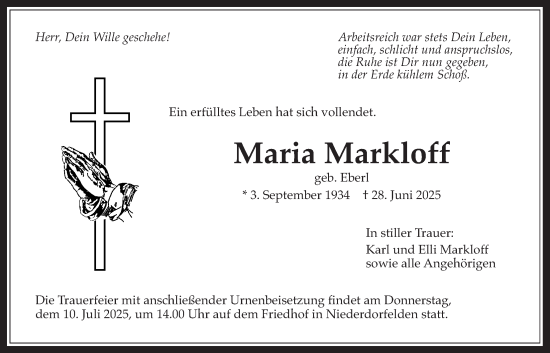 Traueranzeige von Maria Markloff von Bad Vilbel/Karben