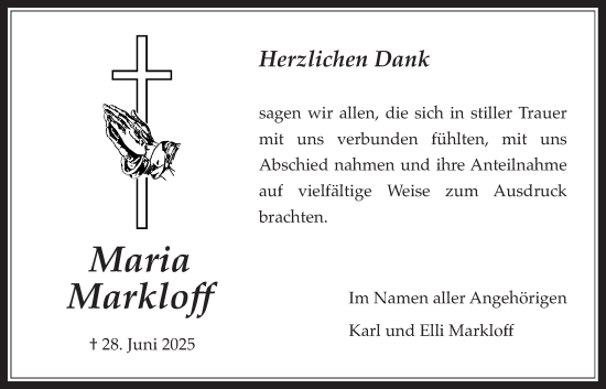 Traueranzeige von Maria Markloff von Bad Vilbel/Karben