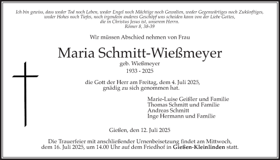Traueranzeige von Maria Schmitt-Wießmeyer von Giessener Allgemeine, Alsfelder Allgemeine, Giessener Anzeiger