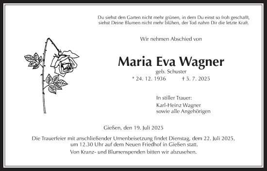 Traueranzeige von Maria Eva Wagner von Giessener Anzeiger, Giessener Allgemeine, Alsfelder Allgemeine