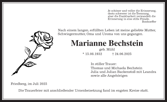 Traueranzeige von Marianne Bechstein von Wetterauer Zeitung