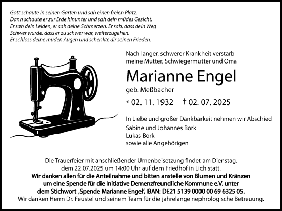 Traueranzeige von Marianne Engel von Licher Wochenblatt