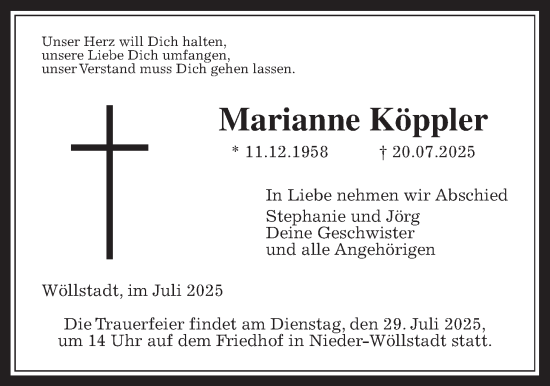 Traueranzeige von Marianne Köppler von Wetterauer Zeitung