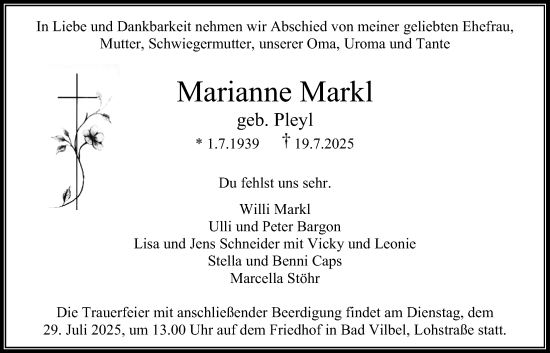 Traueranzeige von Marianne Markl von Bad Vilbel/Karben