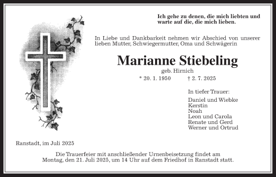 Traueranzeige von Marianne Stiebeling von Kreis-Anzeiger