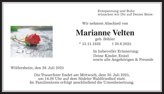 Traueranzeige von Marianne Velten von Wetterauer Zeitung