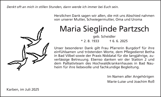 Traueranzeige von Maria Sieglinde Partzsch von Bad Vilbel/Karben