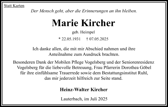 Traueranzeige von Marie Kircher von Lauterbacher Anzeiger