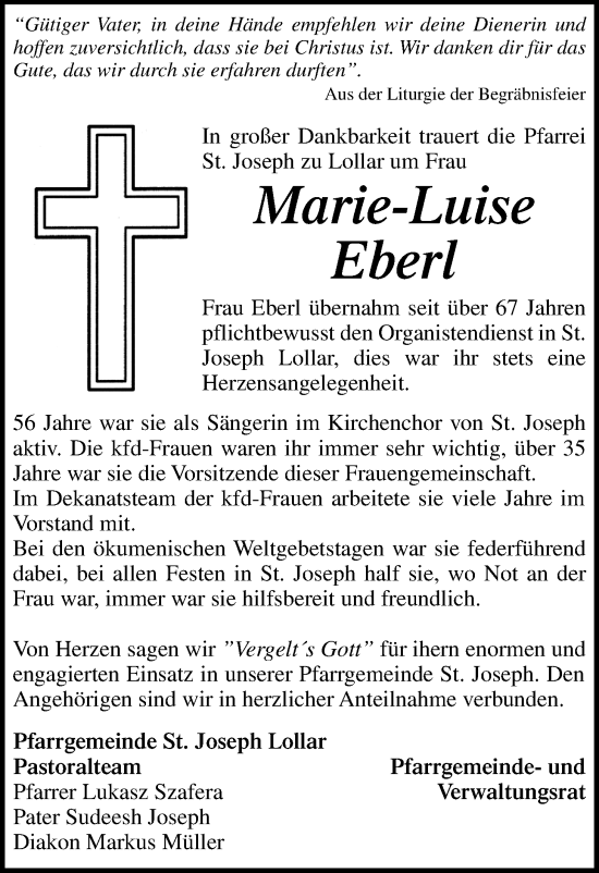 Traueranzeige von Marie-Luise Eberl von Giessener Allgemeine, Alsfelder Allgemeine, Giessener Anzeiger