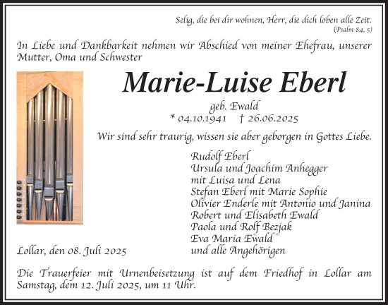 Traueranzeige von Marie-Luise Eberl von Giessener Anzeiger