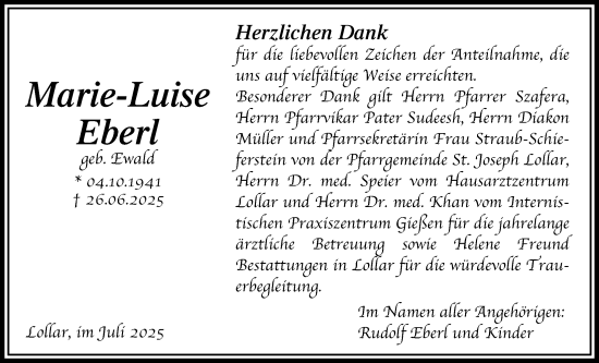 Traueranzeige von Marie- Luise Eberl von Giessener Anzeiger