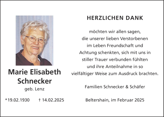 Traueranzeige von Marie Elisabeth Schnecker von Giessener Allgemeine, Alsfelder Allgemeine, Giessener Anzeiger