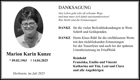 Traueranzeige von Marion Karin Kunze von Lauterbacher Anzeiger
