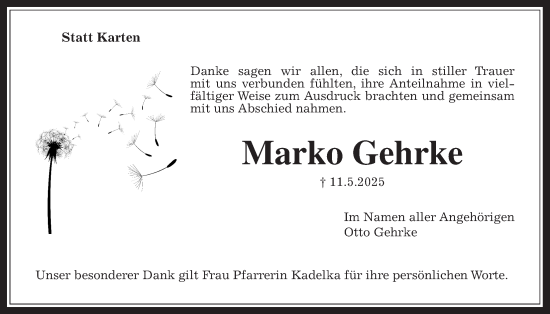 Traueranzeige von Marko Gehrke von Oberhessische Zeitung, Alsfelder Allgemeine