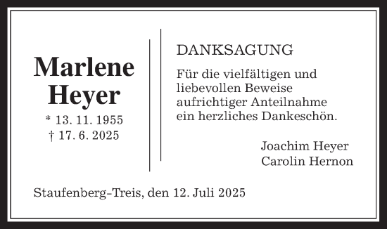 Traueranzeige von Marlene Heyer von Giessener Allgemeine, Alsfelder Allgemeine, Giessener Anzeiger