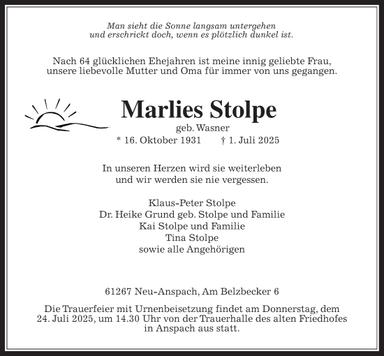 Traueranzeige von Marlies Stolpe von Usinger Anzeiger, Usinger Anzeigenblatt