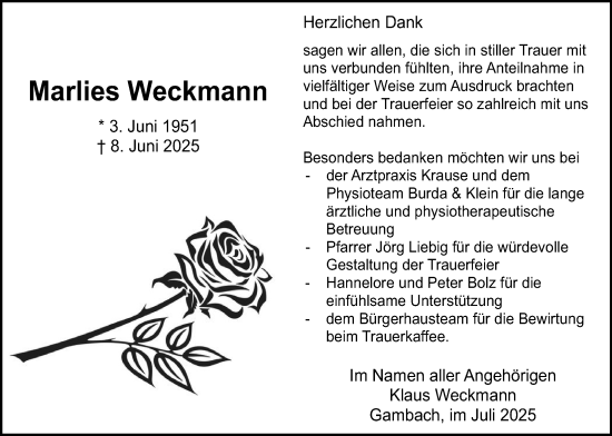 Traueranzeige von Marlies Weckmann von Butzbacher Zeitung