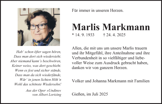 Traueranzeige von Marlis Markmann von Giessener Allgemeine, Alsfelder Allgemeine, Giessener Anzeiger