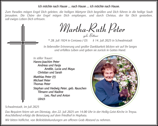 Traueranzeige von Martha-Ruth Peter von Oberhessische Zeitung