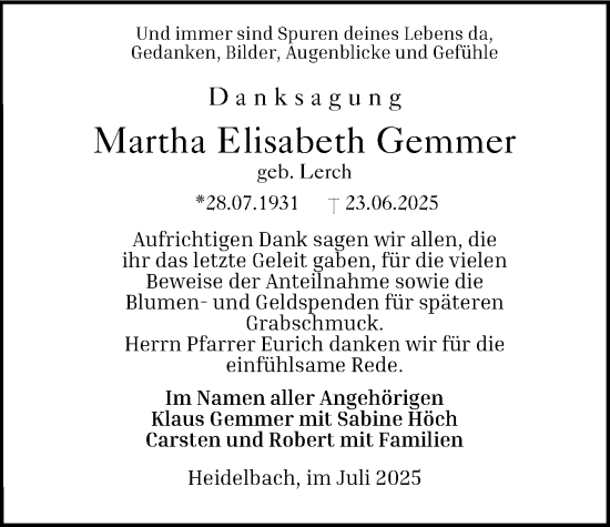 Traueranzeige von Martha Elisabeth Gemmer von Oberhessische Zeitung