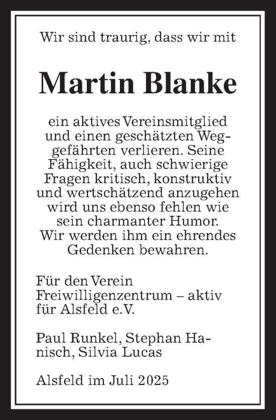 Traueranzeige von Martin Blanke von Oberhessische Zeitung