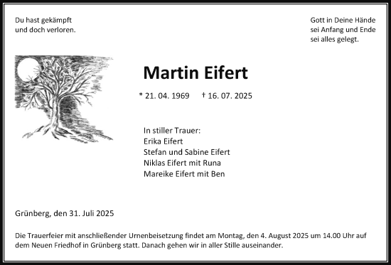 Traueranzeige von Martin Eifert von Giessener Allgemeine, Alsfelder Allgemeine