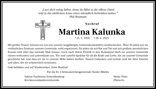Traueranzeige von Martina Kalunka von Wetterauer Zeitung
