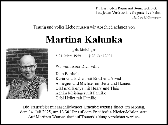 Traueranzeige von Martina Kalunka von Wetterauer Zeitung