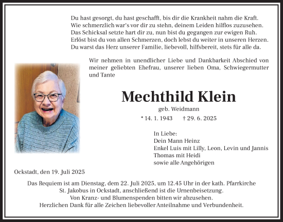Traueranzeige von Mechthild Klein von Wetterauer Zeitung