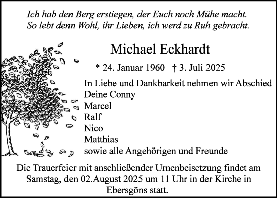 Traueranzeige von Michael Eckhardt von Butzbacher Zeitung