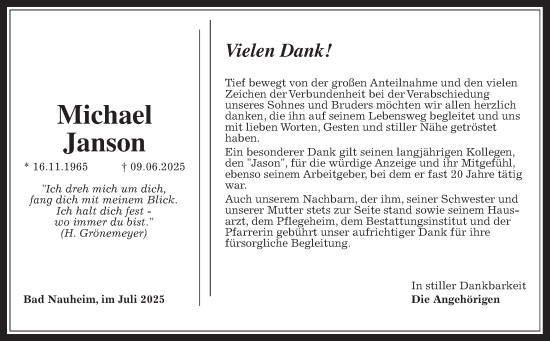 Traueranzeige von Michael Janson von Wetterauer Zeitung